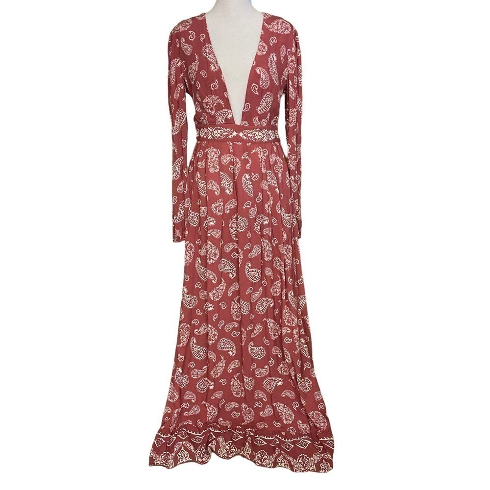 Majorelle Womens Paisley A Line Maxi Dress V Neck Long Sleeve Pink Size Small